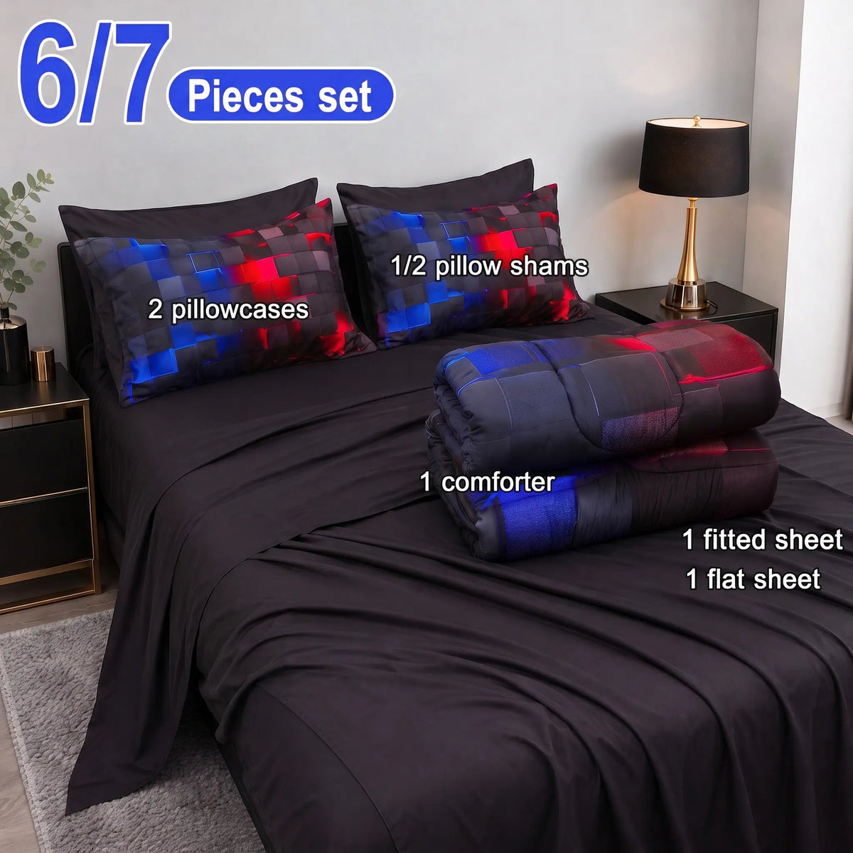[Weekly Deal] 3/6/7Pcs Geometric Plaid Comforter Set – Modern Blue Cyber Grid Print, All Season Lightweight Bedding with fit Sheets, Soft Breathable Microfiber for Bedroom Dorm mid year sale
