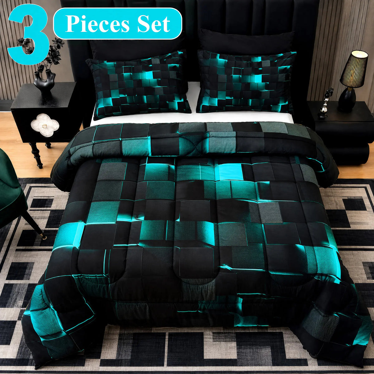 [Weekly Deal] 3/6/7Pcs Geometric Plaid Comforter Set – Modern Blue Cyber Grid Print, All Season Lightweight Bedding with fit Sheets, Soft Breathable Microfiber for Bedroom Dorm mid year sale