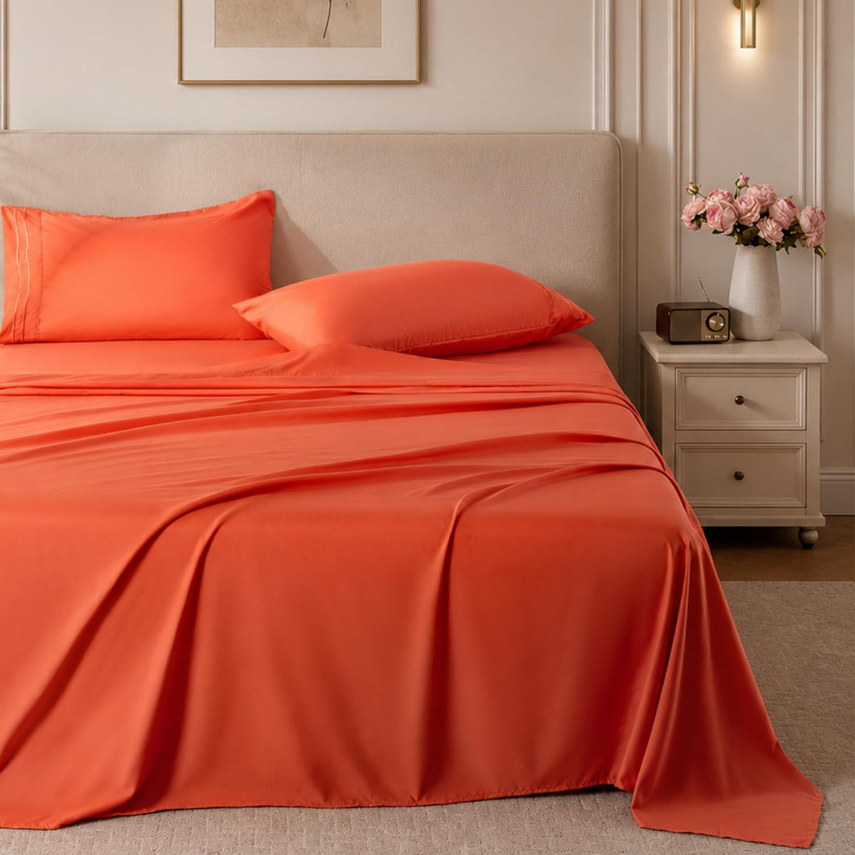 ROSE&RISY White Queen Sheet Set, 4 Pieces Soft Bedding Queen Sheet Set, Breathable and Cooling Sheets, Deep Pocket with 1 Fitted, 1 Flat, 2 Pillow Cases (White, Queen Size)