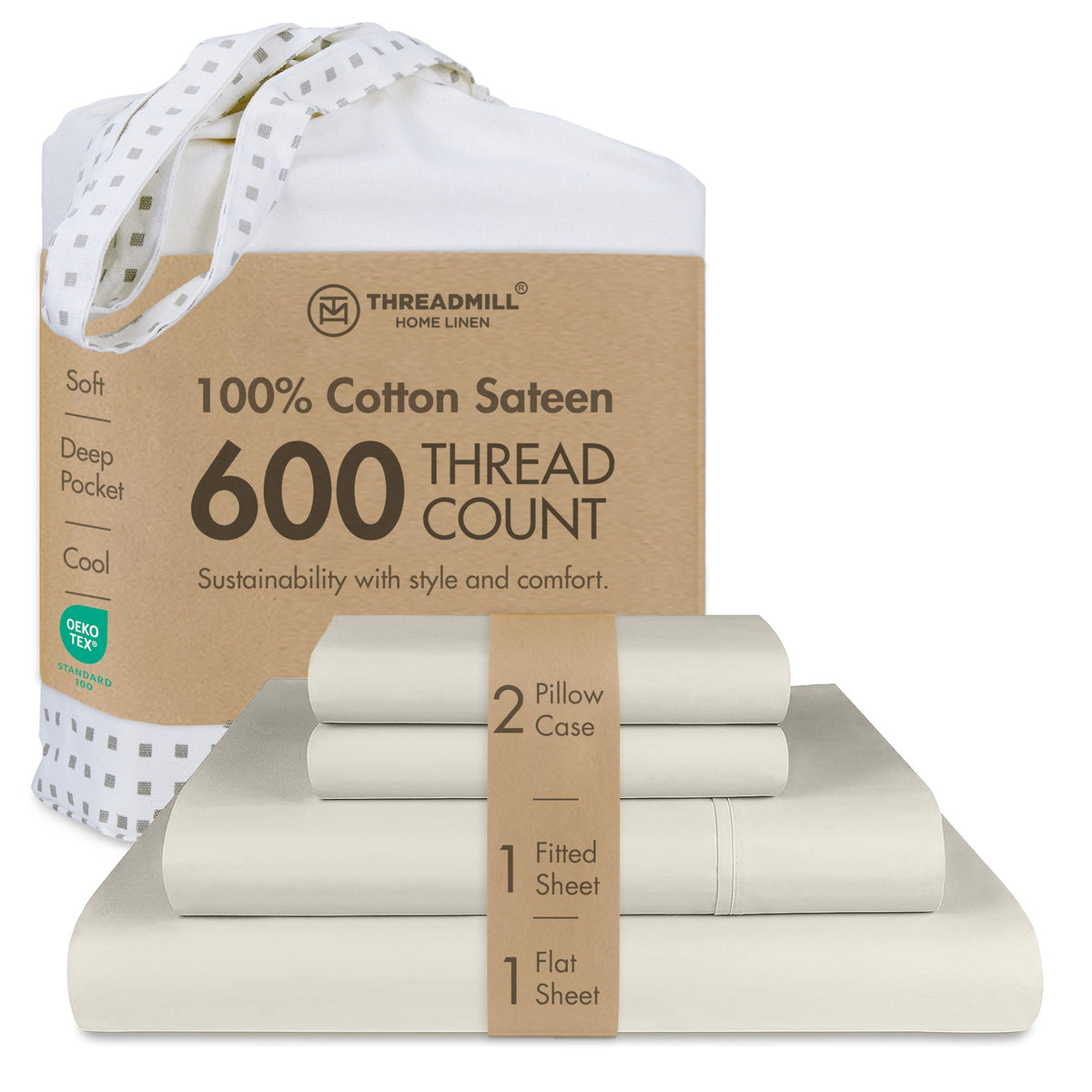 Threadmill 600 Thread Count Cotton Queen Sheet Set, Sateen, Dark Grey