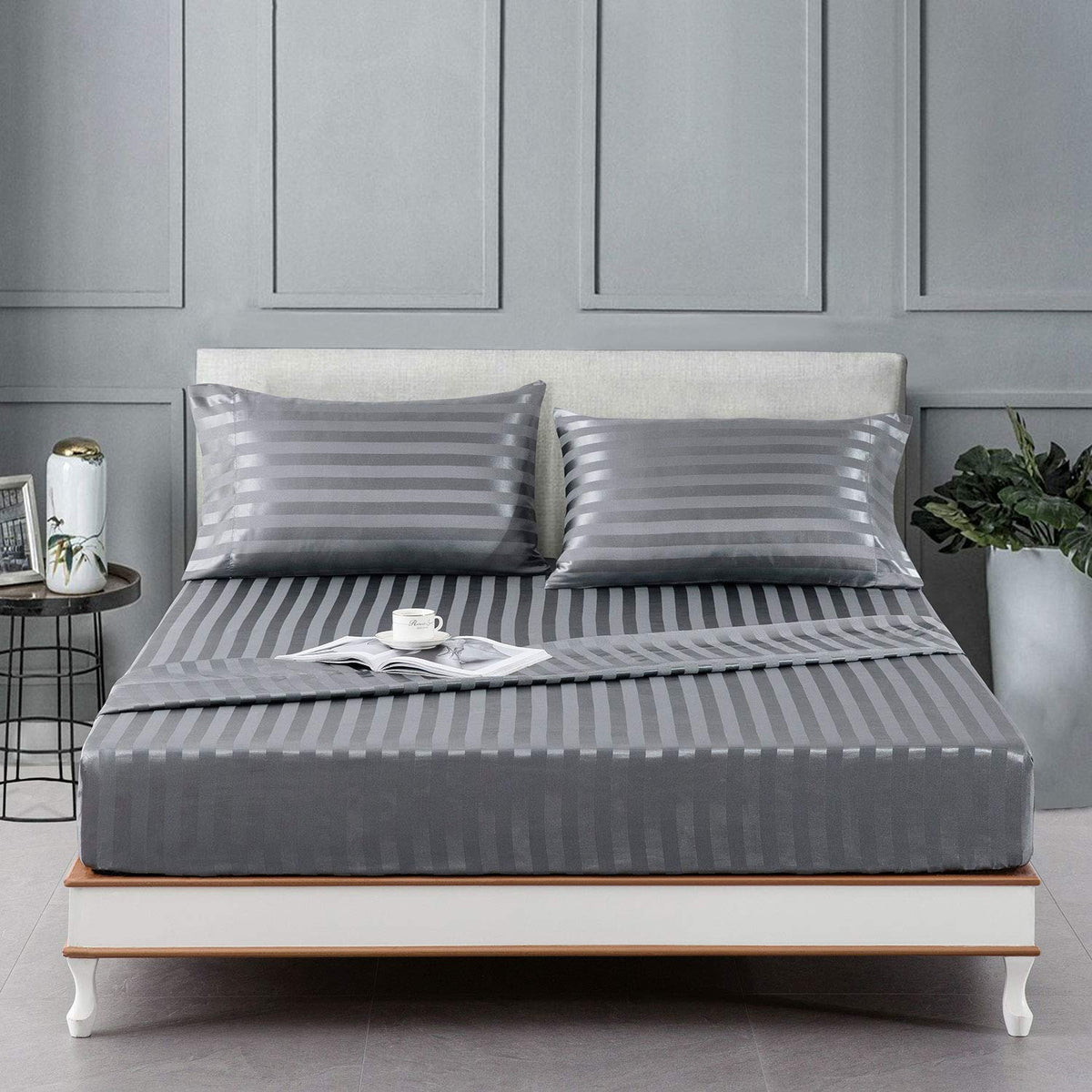 Silk like Satin Sheets, Queen Size Bed Sheet Set, Light Gray, 4 Piece