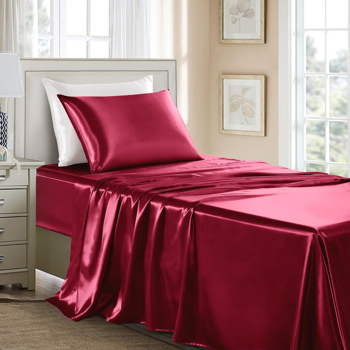 Satin Sheets Full Size - 4 Pieces Luxury Silky Soft Bed Sheets, Wrinkle-Free Black Satin Silk Sheet Set with 1 Deep Pocket Fitted Sheet, 1 Flat Sheet, 2 Pillow Cases