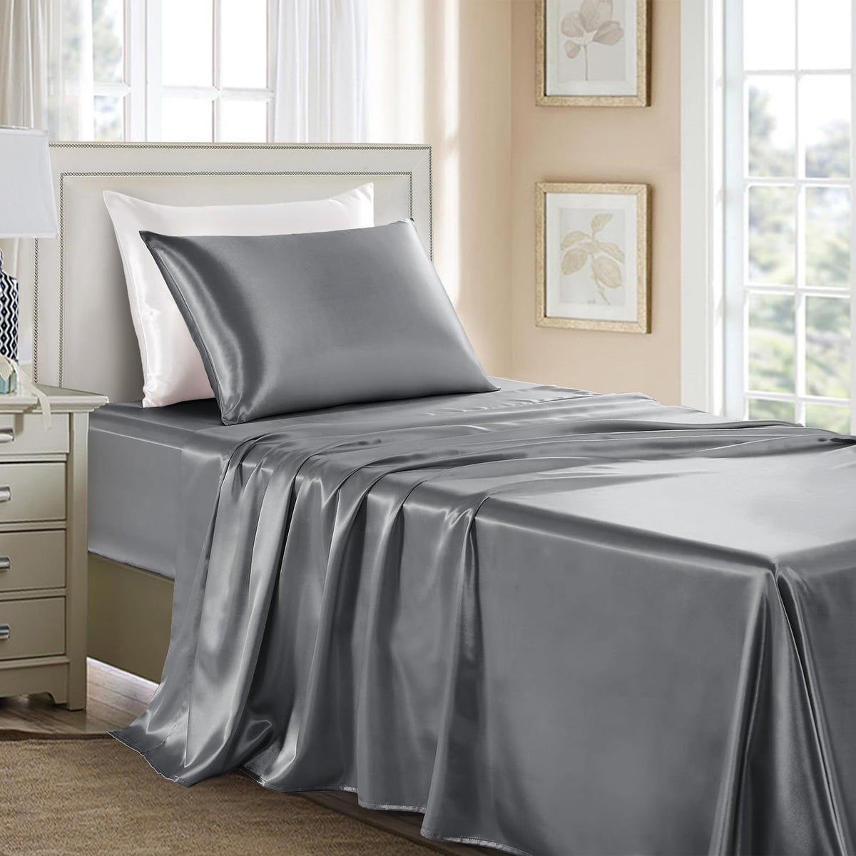 Satin Sheets Full Size - 4 Pieces Luxury Silky Soft Bed Sheets, Wrinkle-Free Black Satin Silk Sheet Set with 1 Deep Pocket Fitted Sheet, 1 Flat Sheet, 2 Pillow Cases