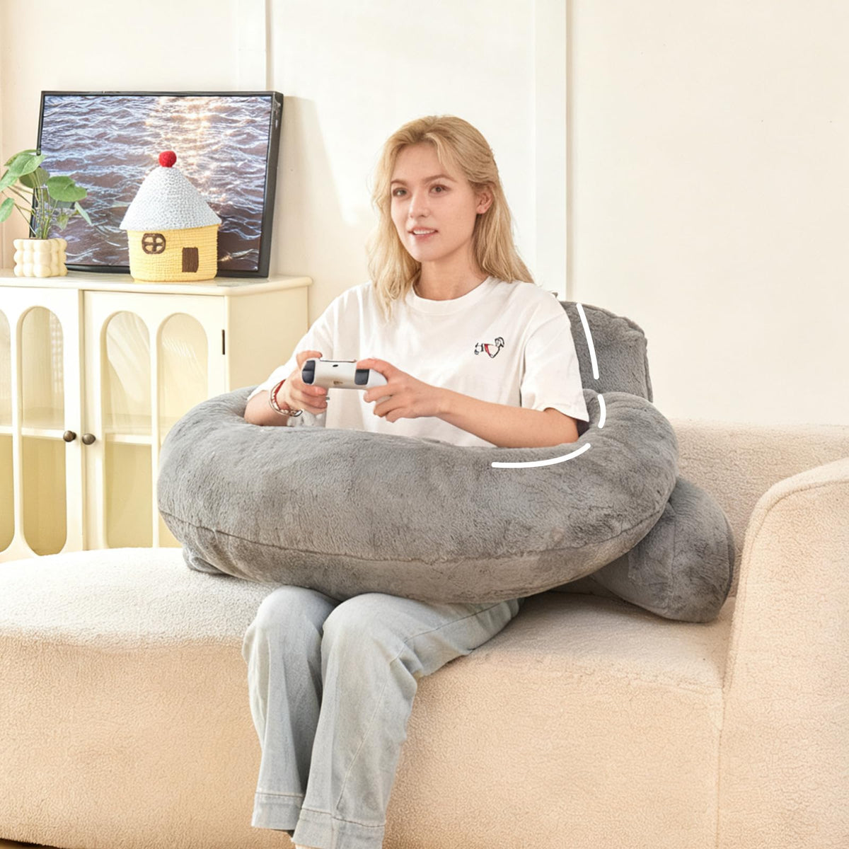 Reading Pillow for Sitting in Bed with Arm,White Corduroy, M