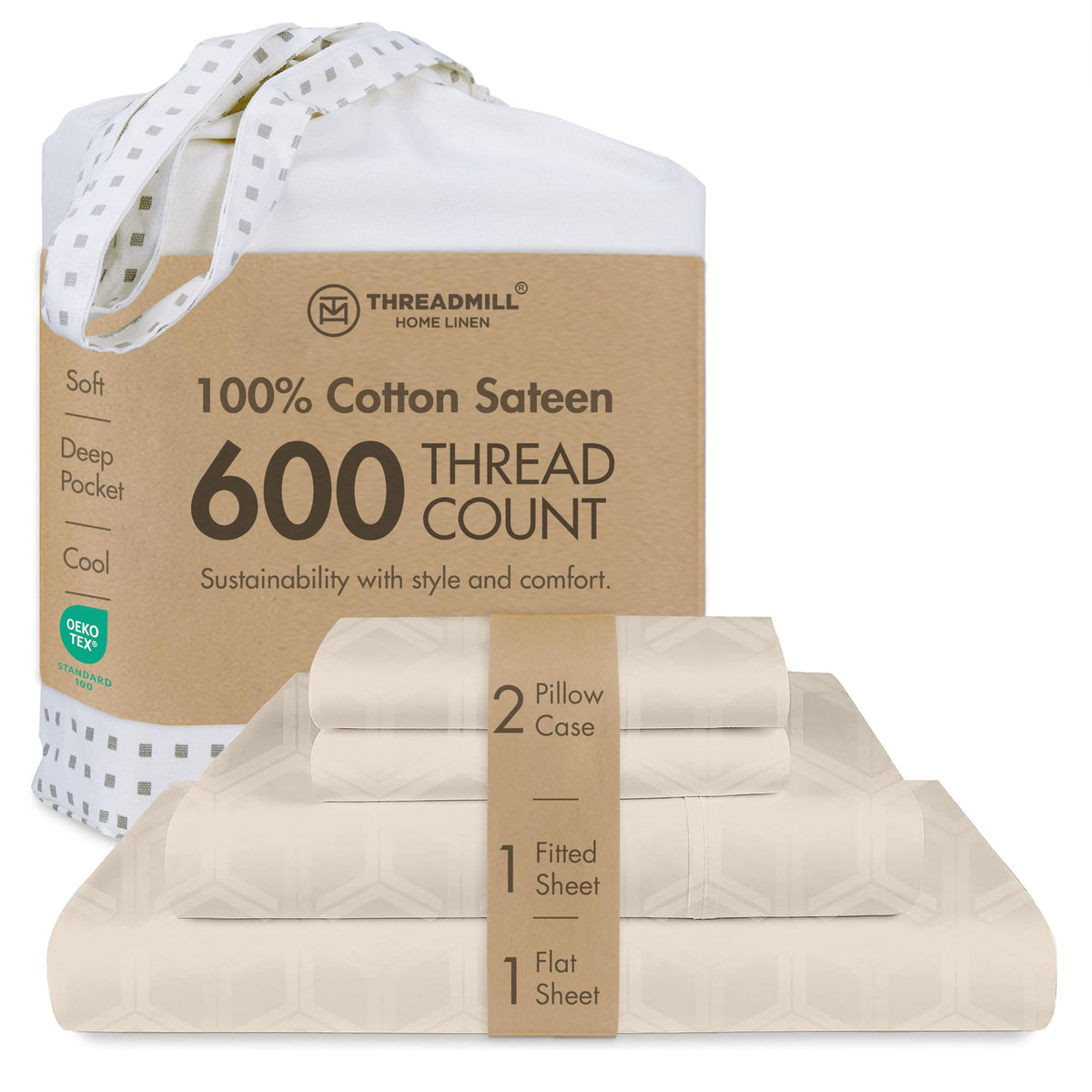 Threadmill 600 Thread Count Cotton Queen Sheet Set, Sateen, Dark Grey