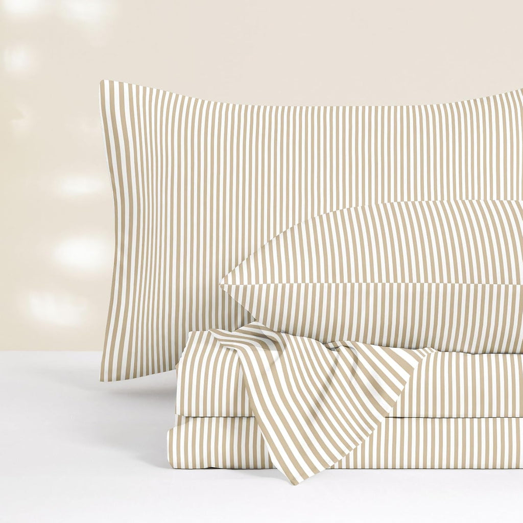 Wake In Cloud - Striped Bed Sheets, 4-Piece Sheet Set, Ticking Vertical Pin Stripe Modern Farmhouse Pattern Printed Bedding, Deep Pocket, Light Brown White, Queen Size