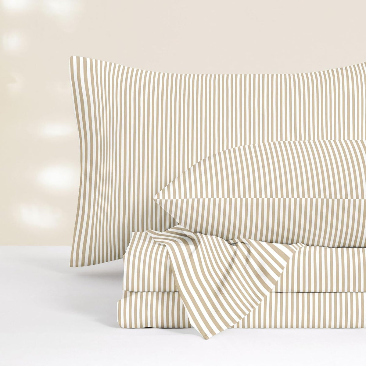 Wake In Cloud - Striped Bed Sheets, 4-Piece Sheet Set, Ticking Vertical Pin Stripe Modern Farmhouse Pattern Printed Bedding, Deep Pocket, Light Brown White, Queen Size