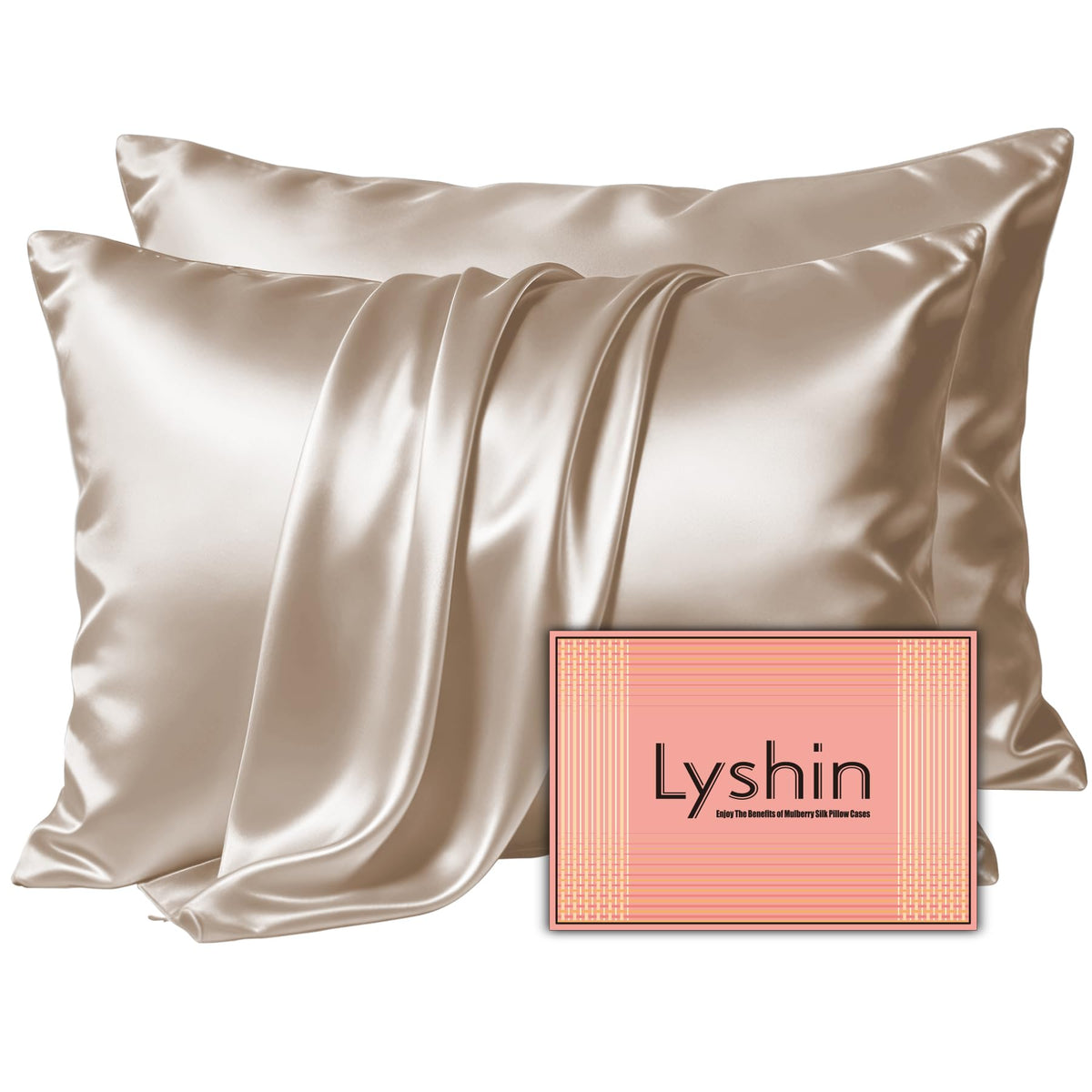 LYSHIN Silk Pillow Cases 2 Pack Standard Size with Zipper, Champagne