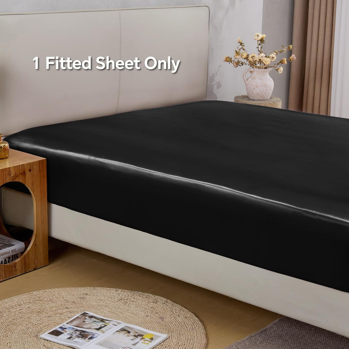 BEDELITE Satin Fitted Sheet Only, Queen Size, 15" Deep Pocket, Black