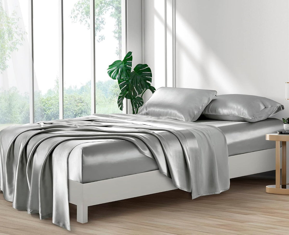 Silk like Satin Sheets, Queen Size Bed Sheet Set, Light Gray, 4 Piece