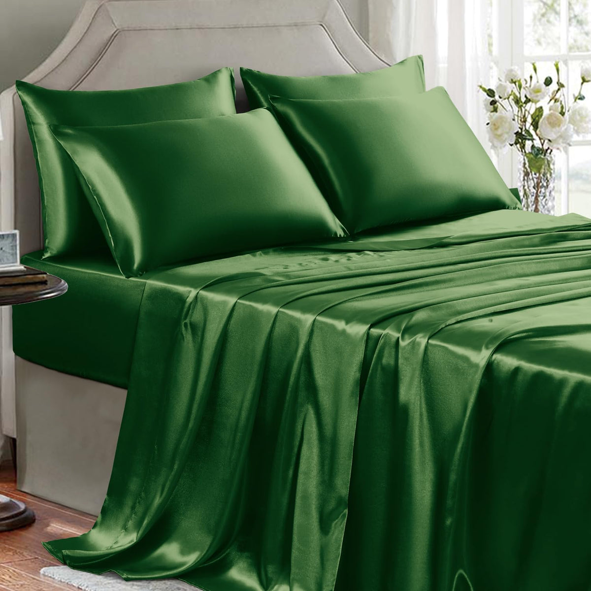Satin Sheets Full Size - 4 Pieces Luxury Silky Soft Bed Sheets, Wrinkle-Free Black Satin Silk Sheet Set with 1 Deep Pocket Fitted Sheet, 1 Flat Sheet, 2 Pillow Cases
