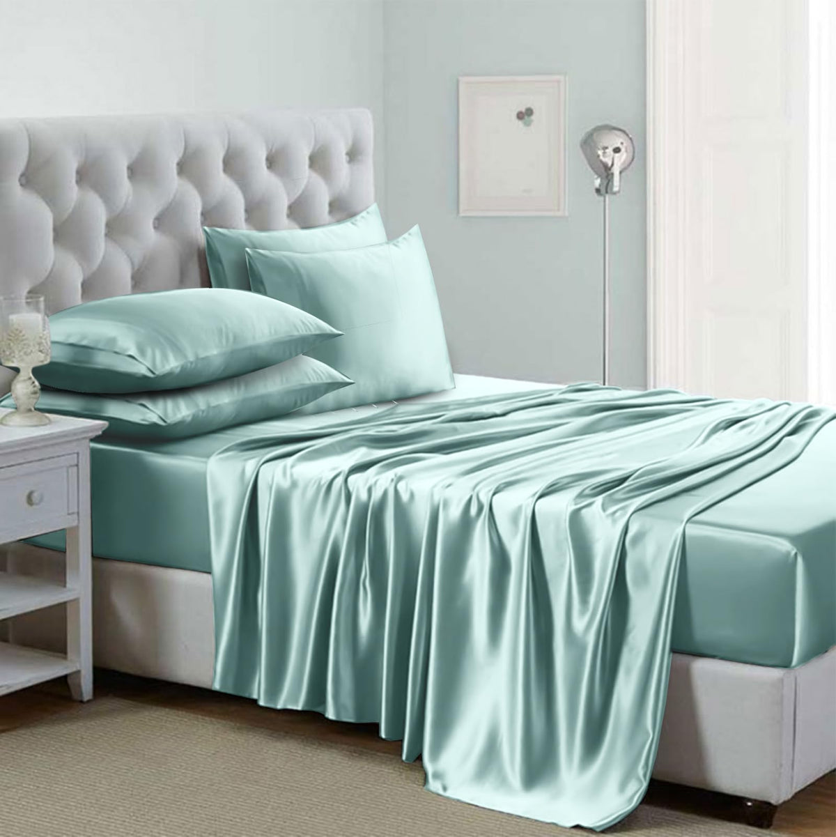 Silk like Satin Sheets, Queen Size Bed Sheet Set, Light Gray, 4 Piece