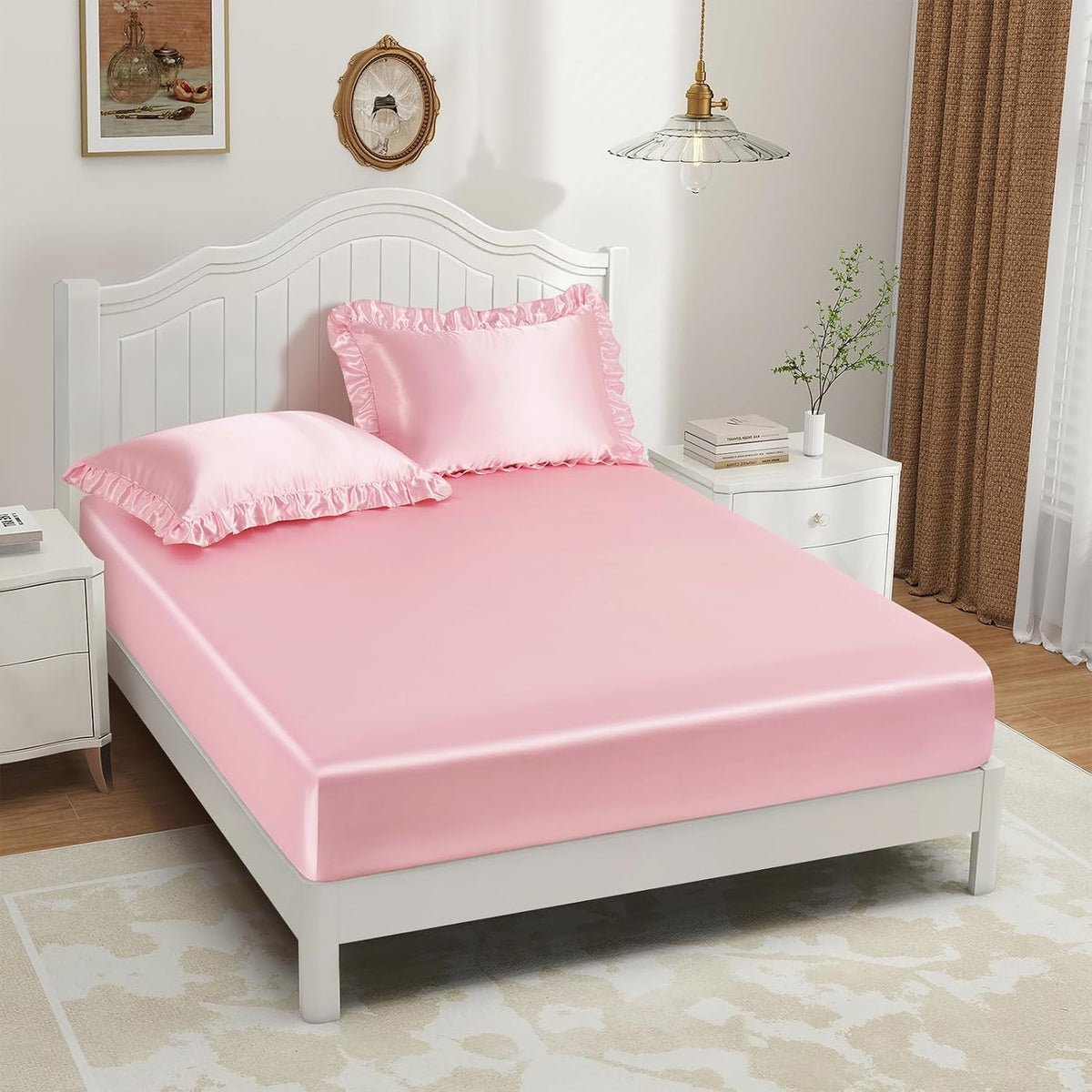 P Pothuiny 3-Piece Set Ruffle Satin Pillowcases & Twin Fitted Sheet