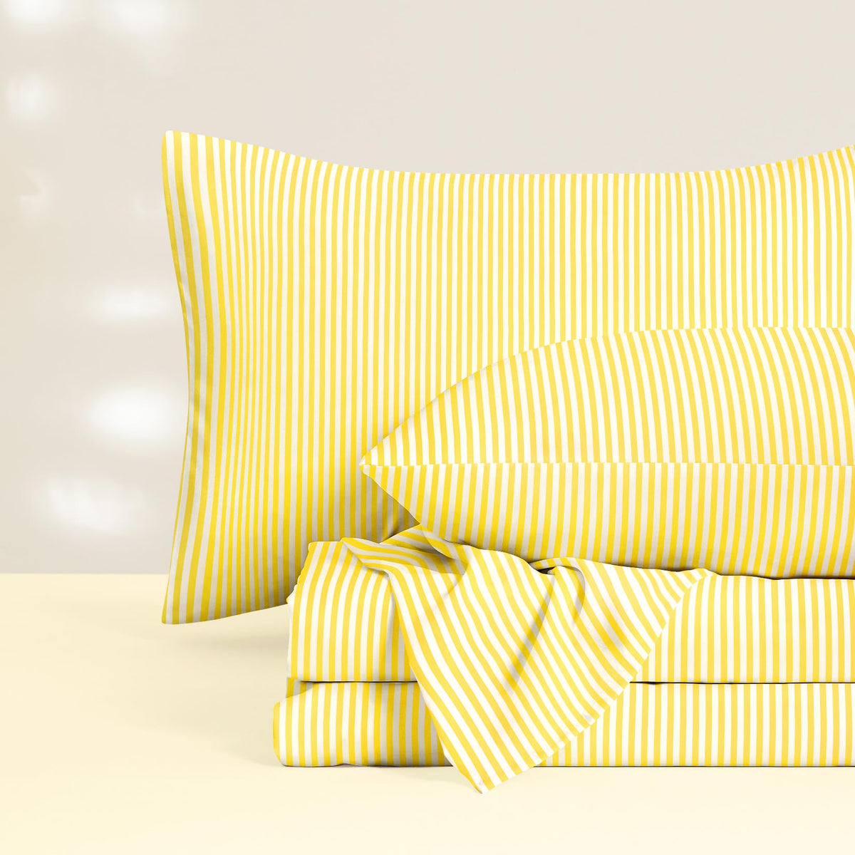 Wake In Cloud - Striped Bed Sheets, 4-Piece Sheet Set, Ticking Vertical Pin Stripe Modern Farmhouse Pattern Printed Bedding, Deep Pocket, Light Brown White, Queen Size