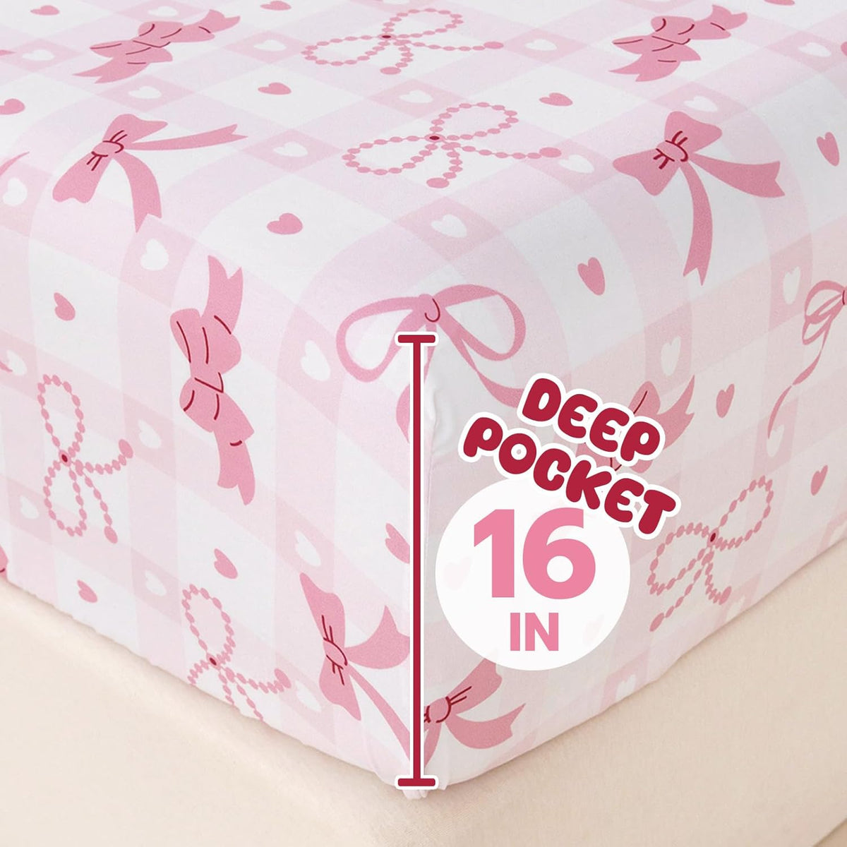 Full Sheet Set Kids - Pink Check 4 Pieces Soft Microfiber Cartoon Style Bedsheets for Boys Girls Teens, Oeko TEX Breathable 15 Inch Deep Pocket Sheets(Pink Bow)