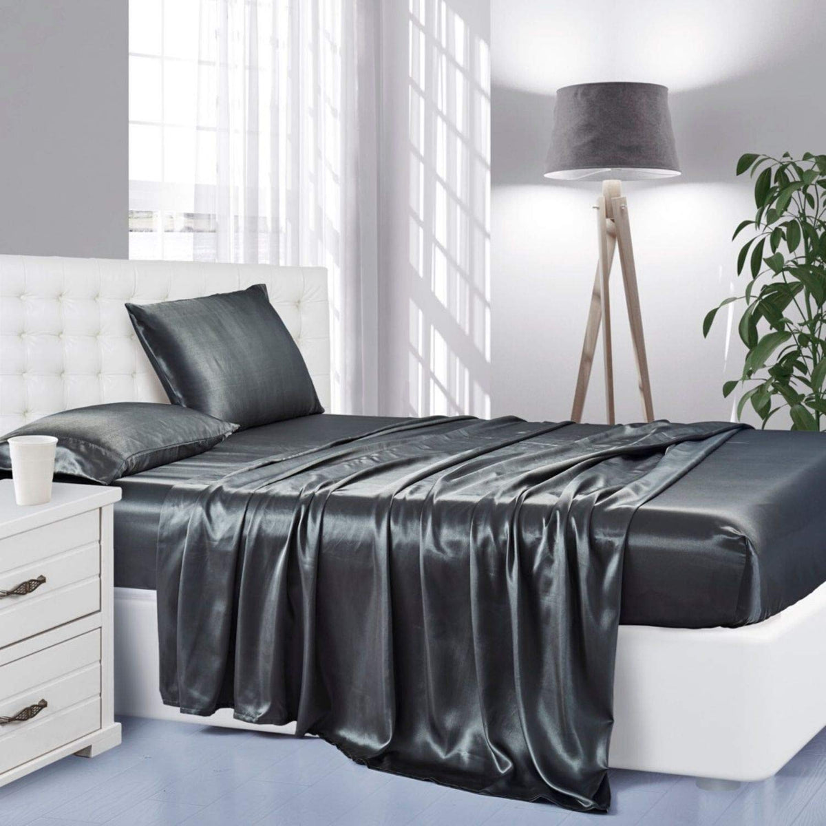 Silk like Satin Sheets, Queen Size Bed Sheet Set, Light Gray, 4 Piece