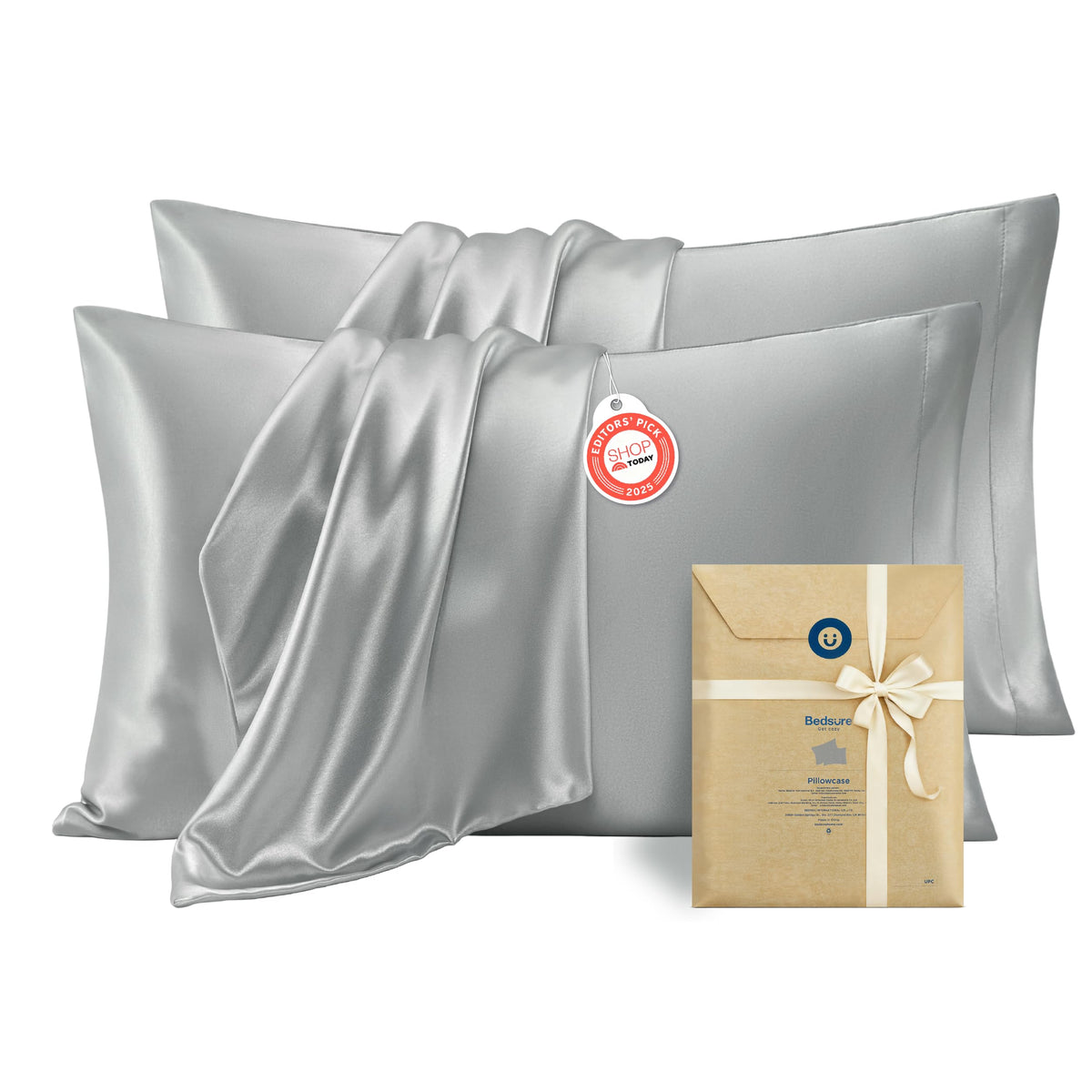 Bedsure Satin Pillowcases Queen Set of 2, Similar to Silk Pillow Cases Grey