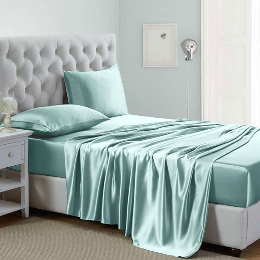 Silk like Satin Sheets, Queen Size Bed Sheet Set, Light Gray, 4 Piece