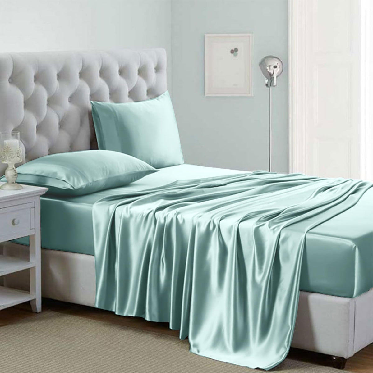 Silk like Satin Sheets, Queen Size Bed Sheet Set, Light Gray, 4 Piece