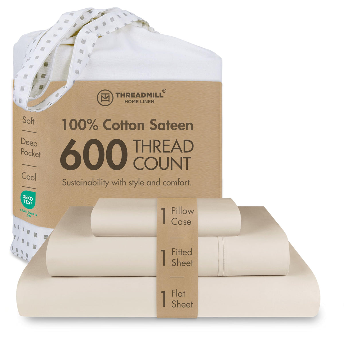 Threadmill 600 Thread Count Cotton Queen Sheet Set, Sateen, Dark Grey