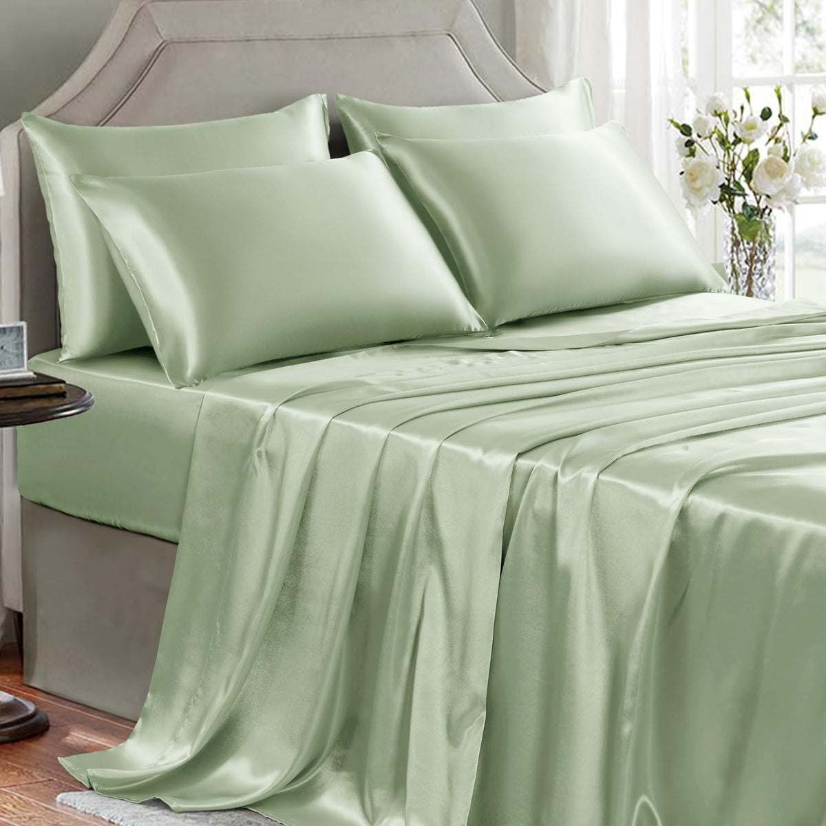 Satin Sheets Full Size - 4 Pieces Luxury Silky Soft Bed Sheets, Wrinkle-Free Black Satin Silk Sheet Set with 1 Deep Pocket Fitted Sheet, 1 Flat Sheet, 2 Pillow Cases