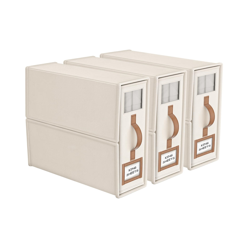 3 Pack Foldable Bed Sheets Set Organizers and Storage(King & Queen Size),Linen Fabric Closet Organizers with Window,Folding Bedding Storage Box for Bedsheets and Pillow Cube Organizer-Beige