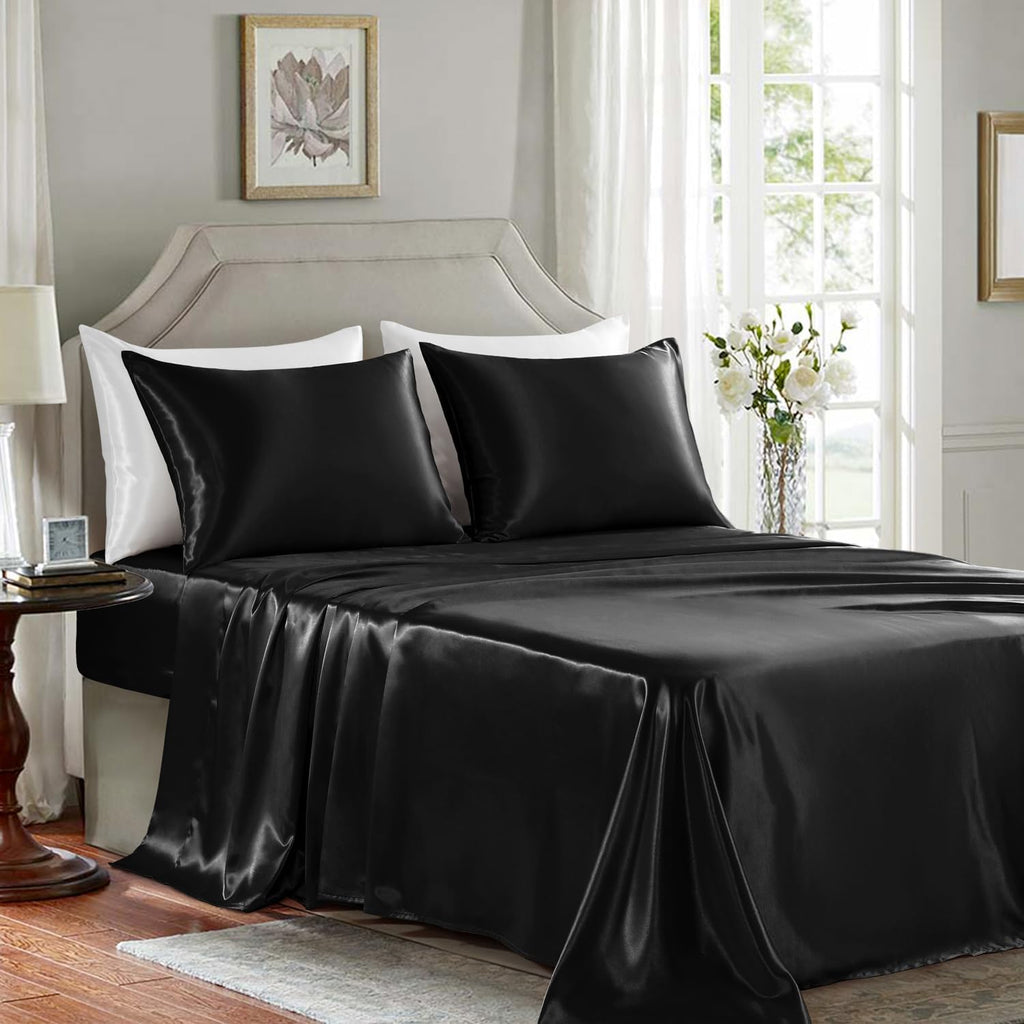 Satin Sheets Full Size - 4 Pieces Luxury Silky Soft Bed Sheets, Wrinkle-Free Black Satin Silk Sheet Set with 1 Deep Pocket Fitted Sheet, 1 Flat Sheet, 2 Pillow Cases