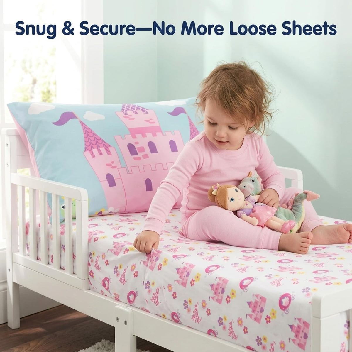 Everyday Kids Toddler Fitted Sheet and Pillowcase Set -Princess Storyland- Soft Breathable Microfiber Toddler Sheet Set