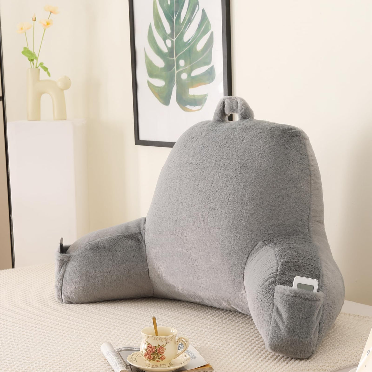 Reading Pillow for Sitting in Bed with Arm,White Corduroy, M