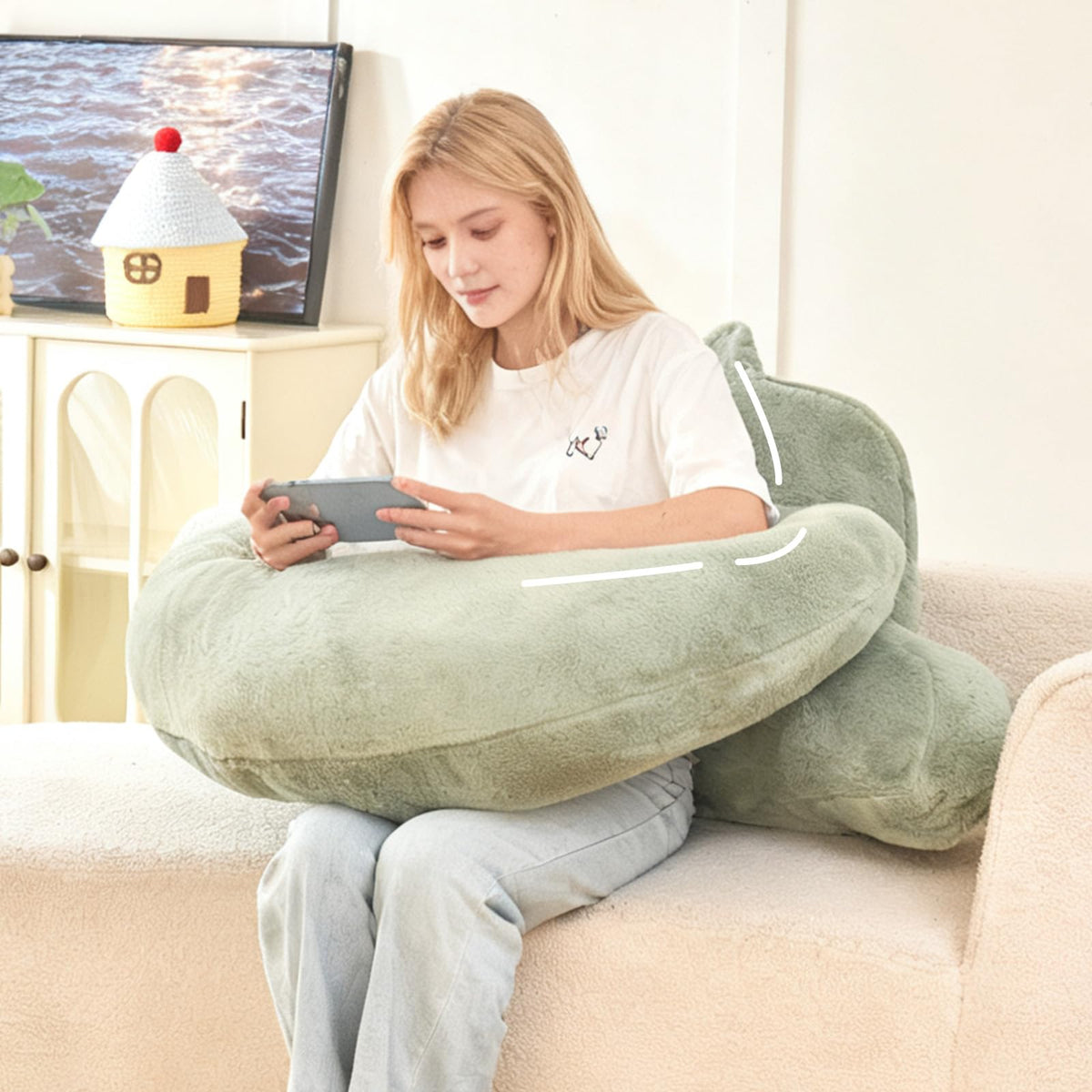 Reading Pillow for Sitting in Bed with Arm,White Corduroy, M