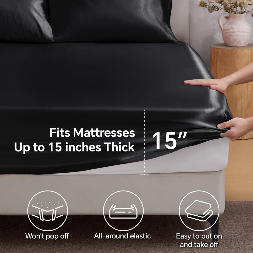 BEDELITE Satin Fitted Sheet Only, Queen Size, 15" Deep Pocket, Black