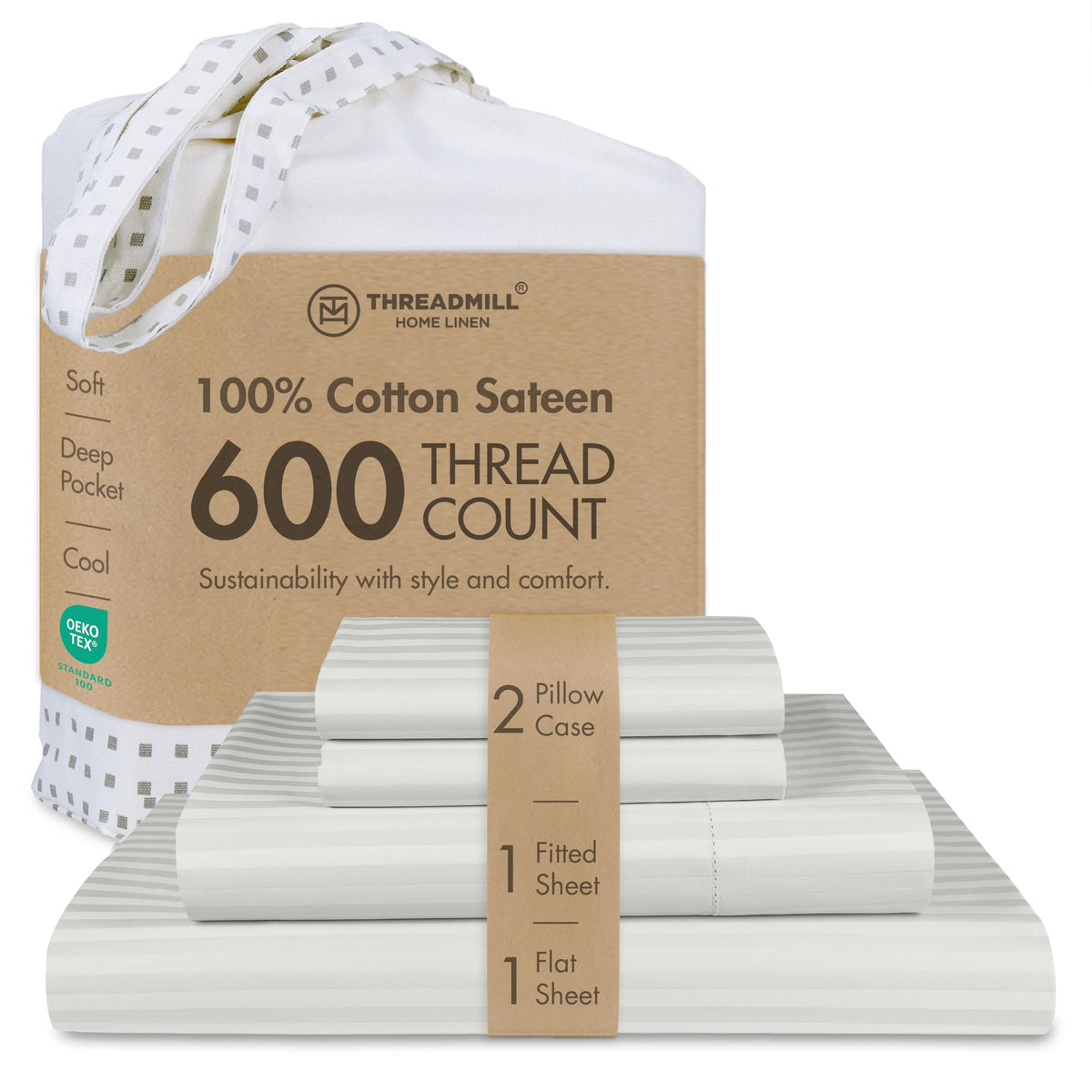 Threadmill 600 Thread Count Cotton Queen Sheet Set, Sateen, Dark Grey