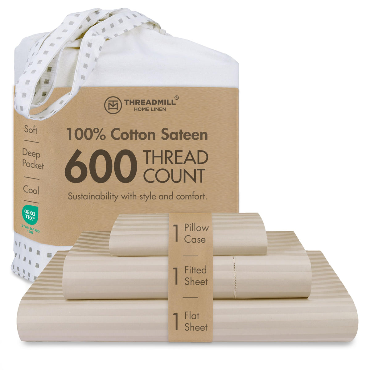 Threadmill 600 Thread Count Cotton Queen Sheet Set, Sateen, Dark Grey
