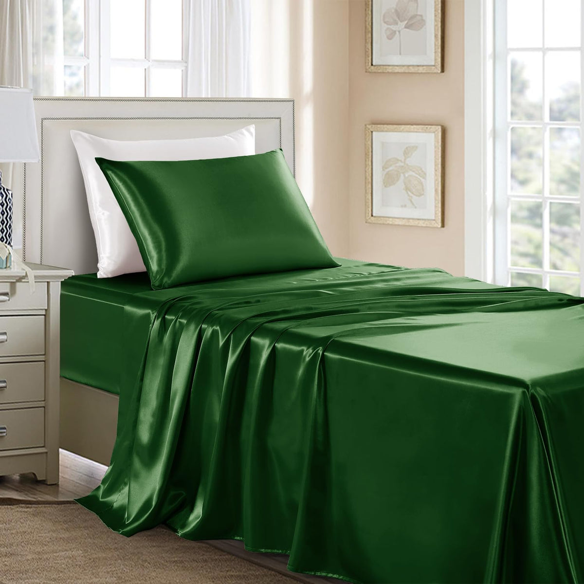 Satin Sheets Full Size - 4 Pieces Luxury Silky Soft Bed Sheets, Wrinkle-Free Black Satin Silk Sheet Set with 1 Deep Pocket Fitted Sheet, 1 Flat Sheet, 2 Pillow Cases