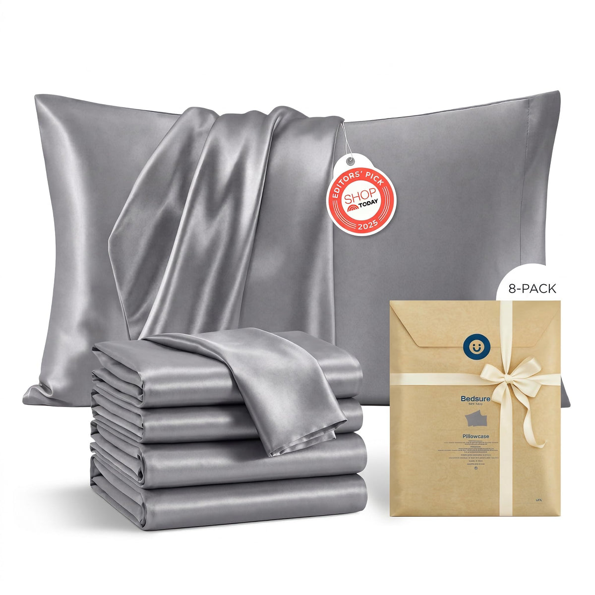 Bedsure Satin Pillowcases Queen Set of 2, Similar to Silk Pillow Cases Grey