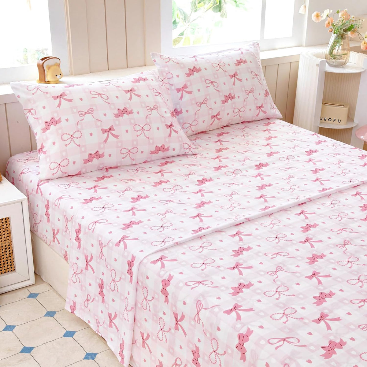 Full Sheet Set Kids - Pink Check 4 Pieces Soft Microfiber Cartoon Style Bedsheets for Boys Girls Teens, Oeko TEX Breathable 15 Inch Deep Pocket Sheets(Pink Bow)