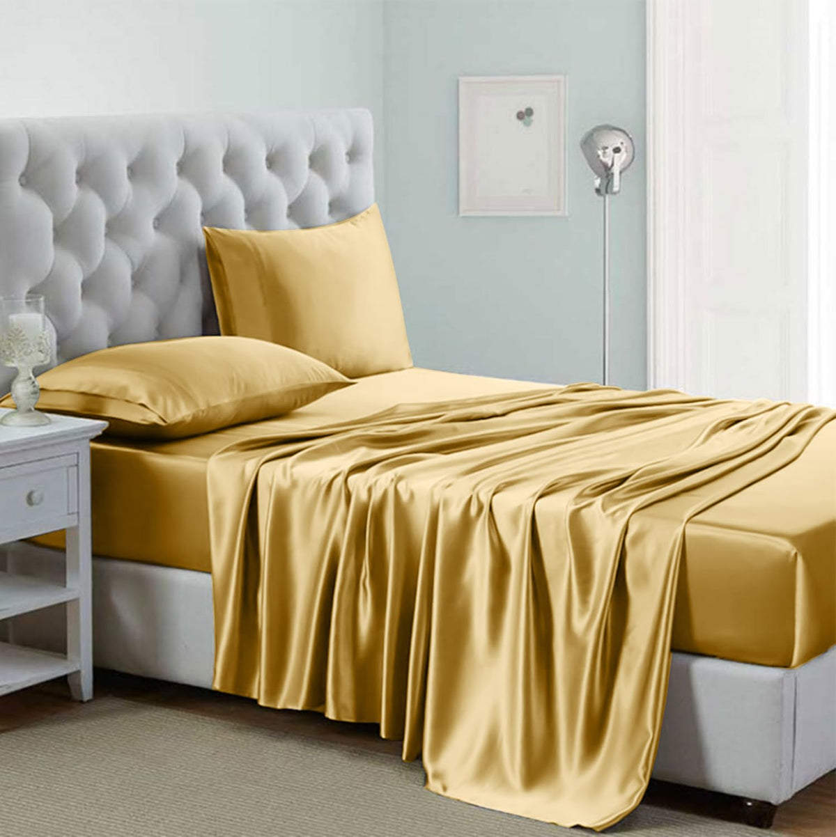 Silk like Satin Sheets, Queen Size Bed Sheet Set, Light Gray, 4 Piece