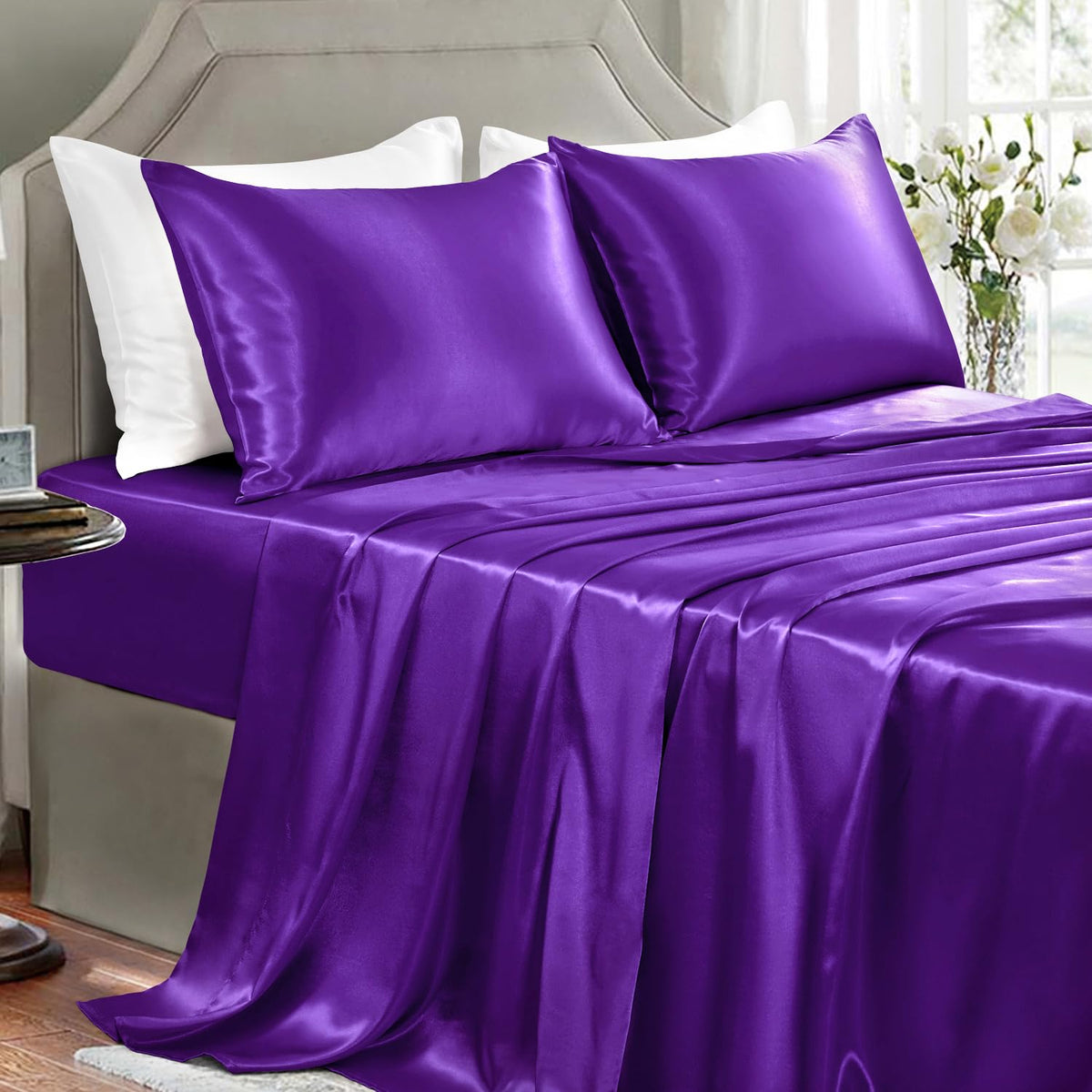 Satin Sheets Full Size - 4 Pieces Luxury Silky Soft Bed Sheets, Wrinkle-Free Black Satin Silk Sheet Set with 1 Deep Pocket Fitted Sheet, 1 Flat Sheet, 2 Pillow Cases