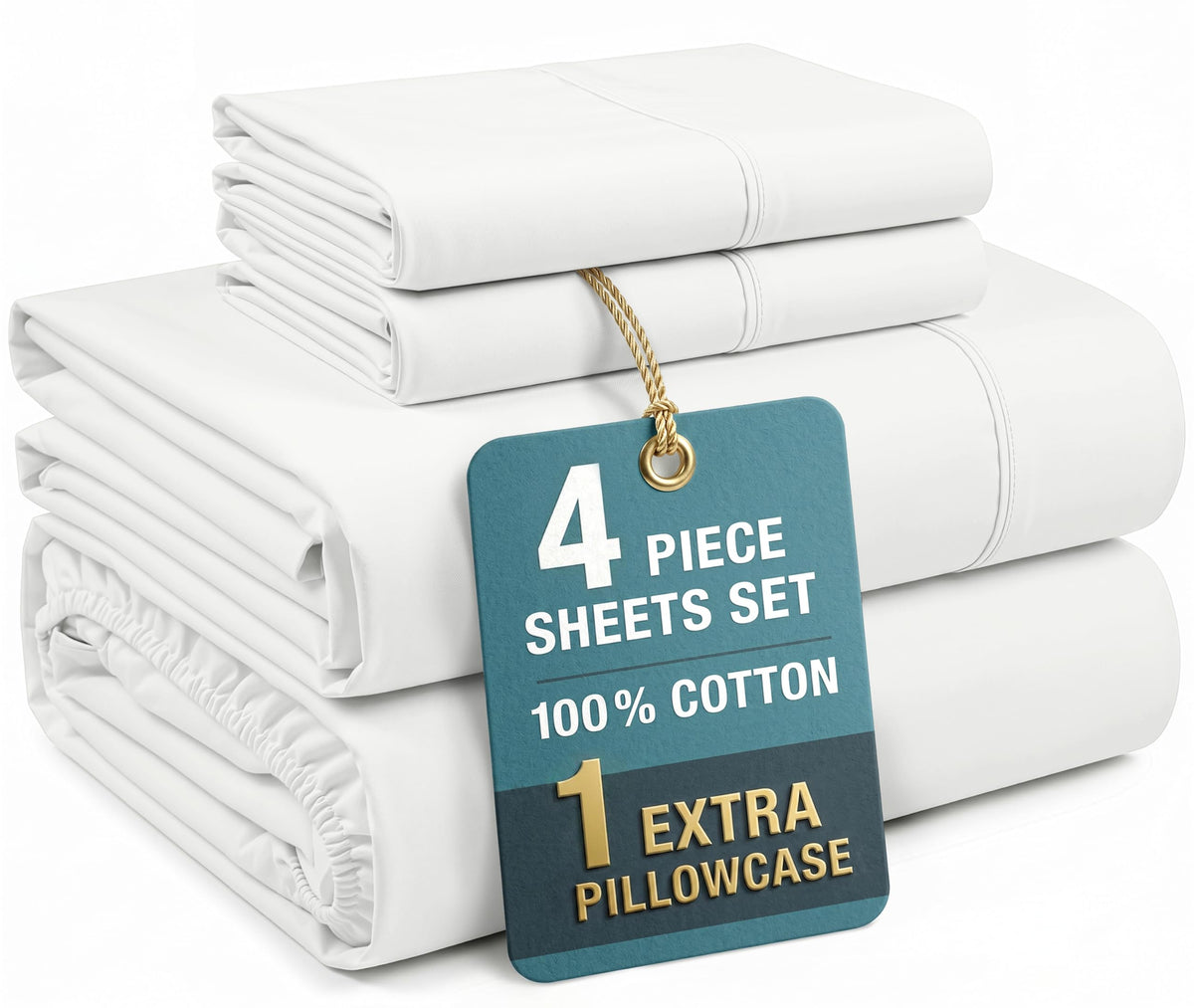 Casa Platino King Size Sheets Set –100% Cotton King Sheets with 4 Pillowcases, Lightweight Feel & Secure Fit, Crisp & Breathable Percale Weave with 15" Deep Pocket, Soft and Cozy – Pure White