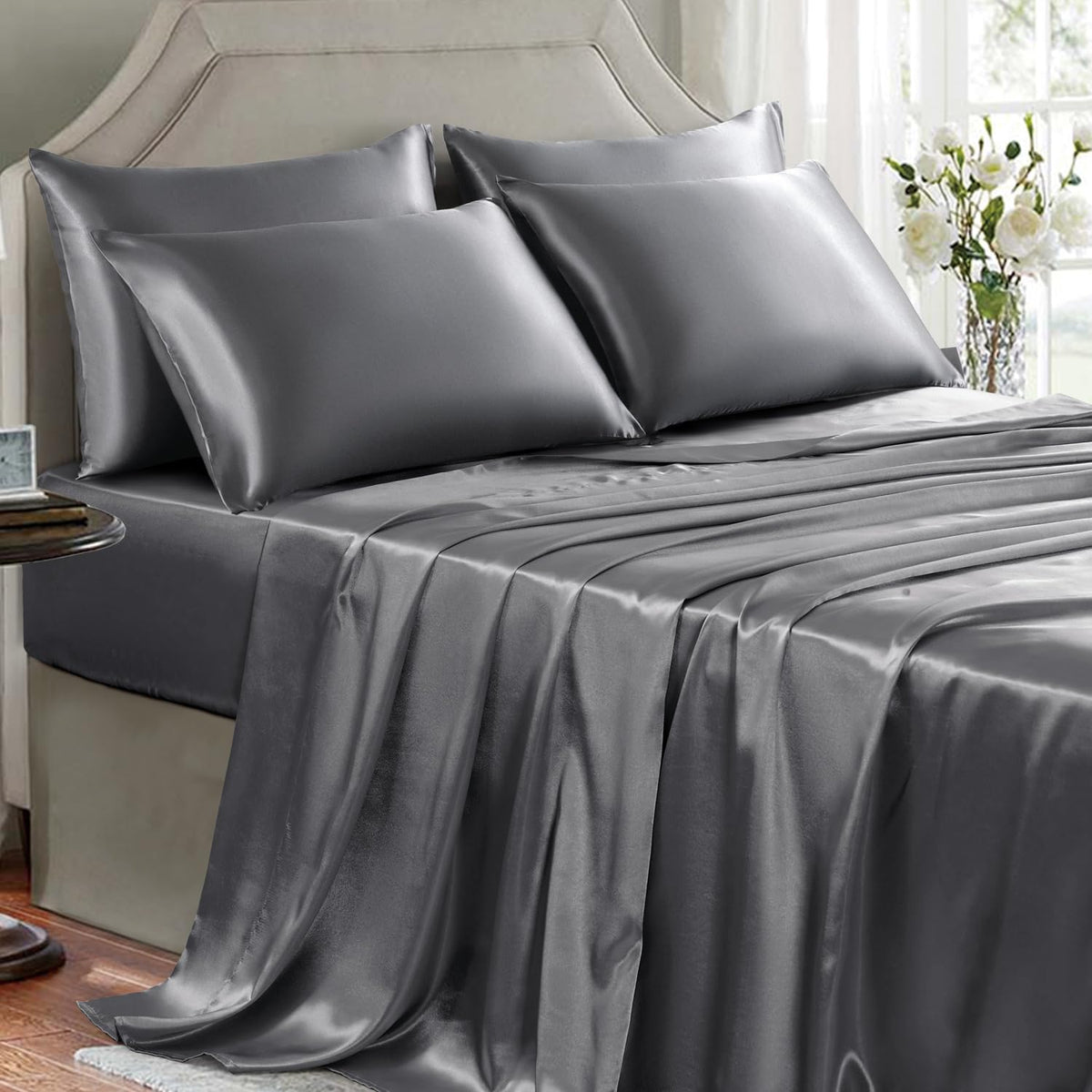 Satin Sheets Full Size - 4 Pieces Luxury Silky Soft Bed Sheets, Wrinkle-Free Black Satin Silk Sheet Set with 1 Deep Pocket Fitted Sheet, 1 Flat Sheet, 2 Pillow Cases