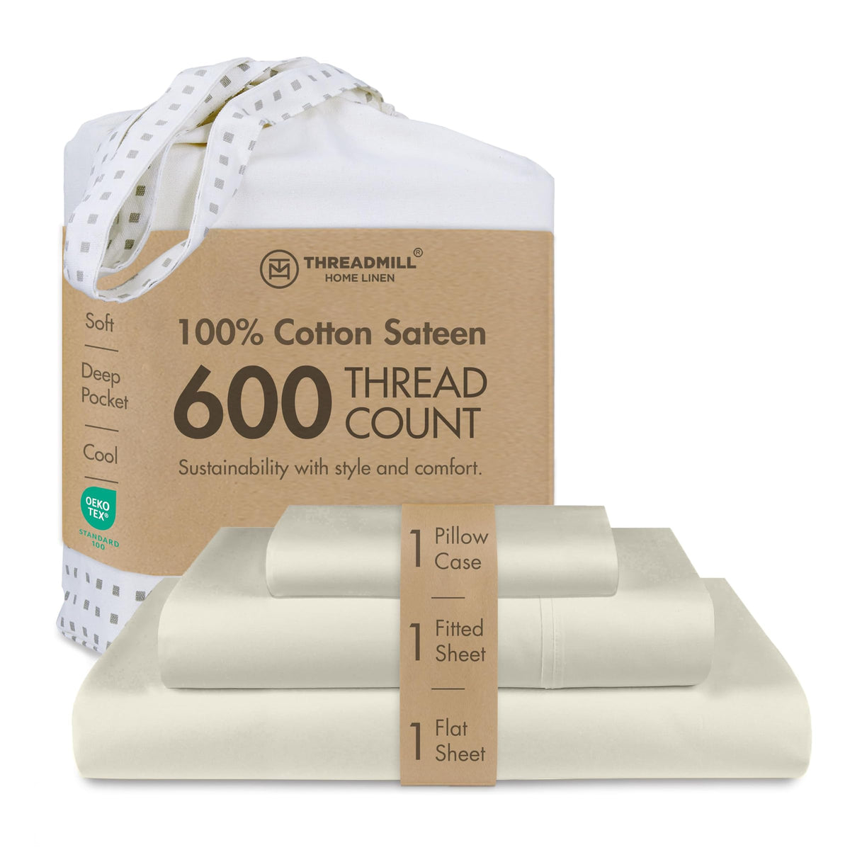 Threadmill 600 Thread Count Cotton Queen Sheet Set, Sateen, Dark Grey