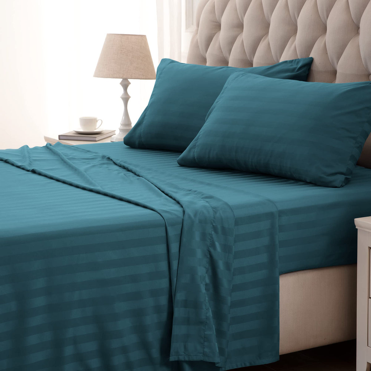 SLEEP ZONE Striped Cooling Queen Sheets Set - Fitted Flat Sheet & Pillowcase Sets 4 Piece - Super Soft Stripe Bed Sheet, Easy Care, Deep Pocket (Teal, Queen)