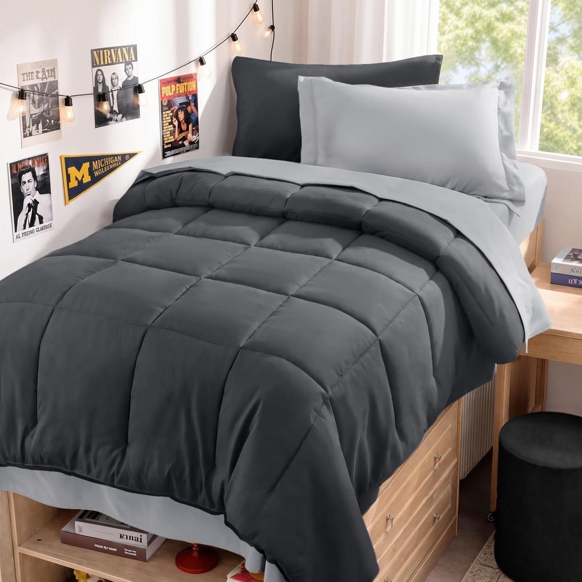 JOLLYVOGUE Queen Comforter Set, Ultra-Soft Bed in a Bag Queen Size 7 Pieces, Oeko-TEX Certified Bedding Set with Down Alternative Comforter, Sheets, Pillowcases & Shams, Black
