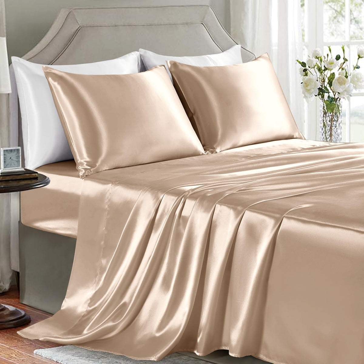 Satin Sheets Full Size - 4 Pieces Luxury Silky Soft Bed Sheets, Wrinkle-Free Black Satin Silk Sheet Set with 1 Deep Pocket Fitted Sheet, 1 Flat Sheet, 2 Pillow Cases