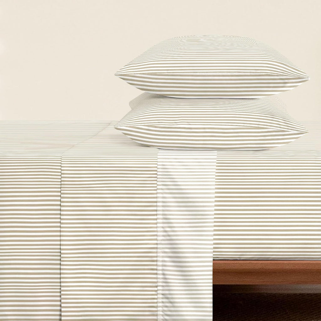 Wake In Cloud - Striped Bed Sheets, 4-Piece Sheet Set, Ticking Vertical Pin Stripe Modern Farmhouse Pattern Printed Bedding, Deep Pocket, Light Brown White, Queen Size