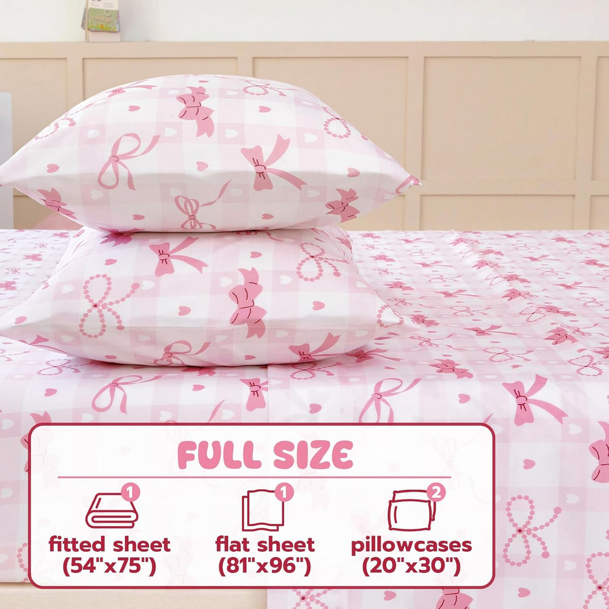 Full Sheet Set Kids - Pink Check 4 Pieces Soft Microfiber Cartoon Style Bedsheets for Boys Girls Teens, Oeko TEX Breathable 15 Inch Deep Pocket Sheets(Pink Bow)