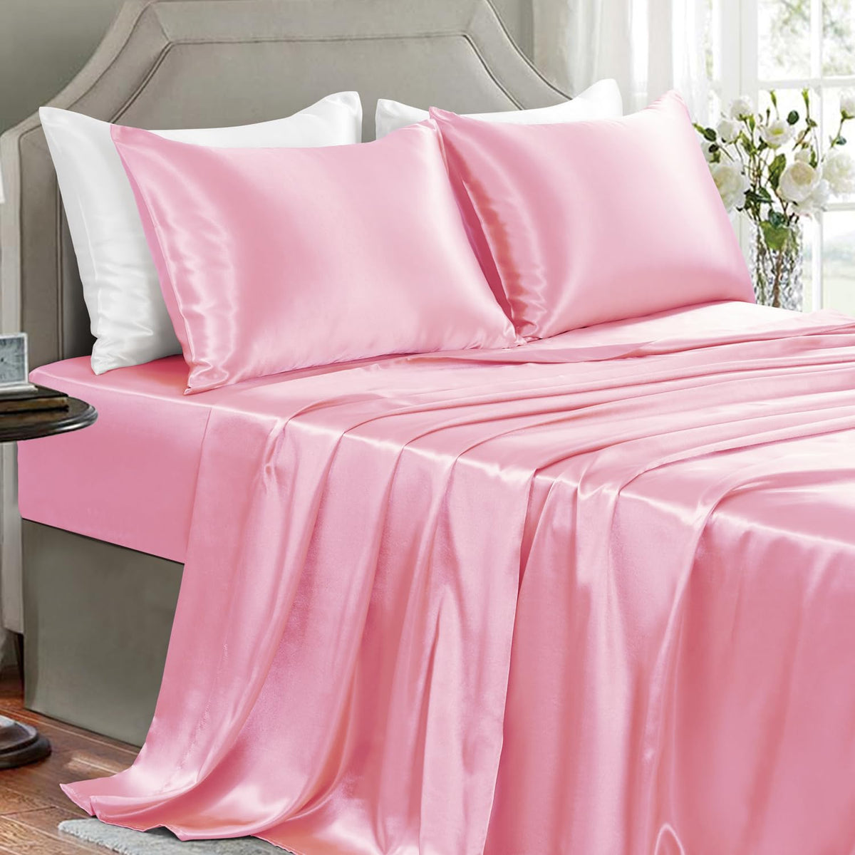 Satin Sheets Full Size - 4 Pieces Luxury Silky Soft Bed Sheets, Wrinkle-Free Black Satin Silk Sheet Set with 1 Deep Pocket Fitted Sheet, 1 Flat Sheet, 2 Pillow Cases