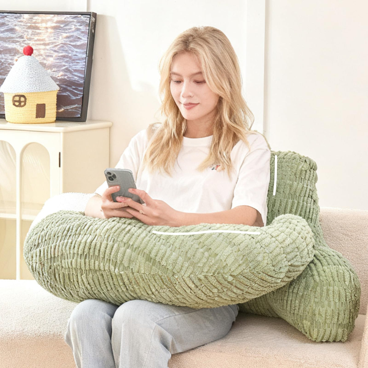 Reading Pillow for Sitting in Bed with Arm,White Corduroy, M