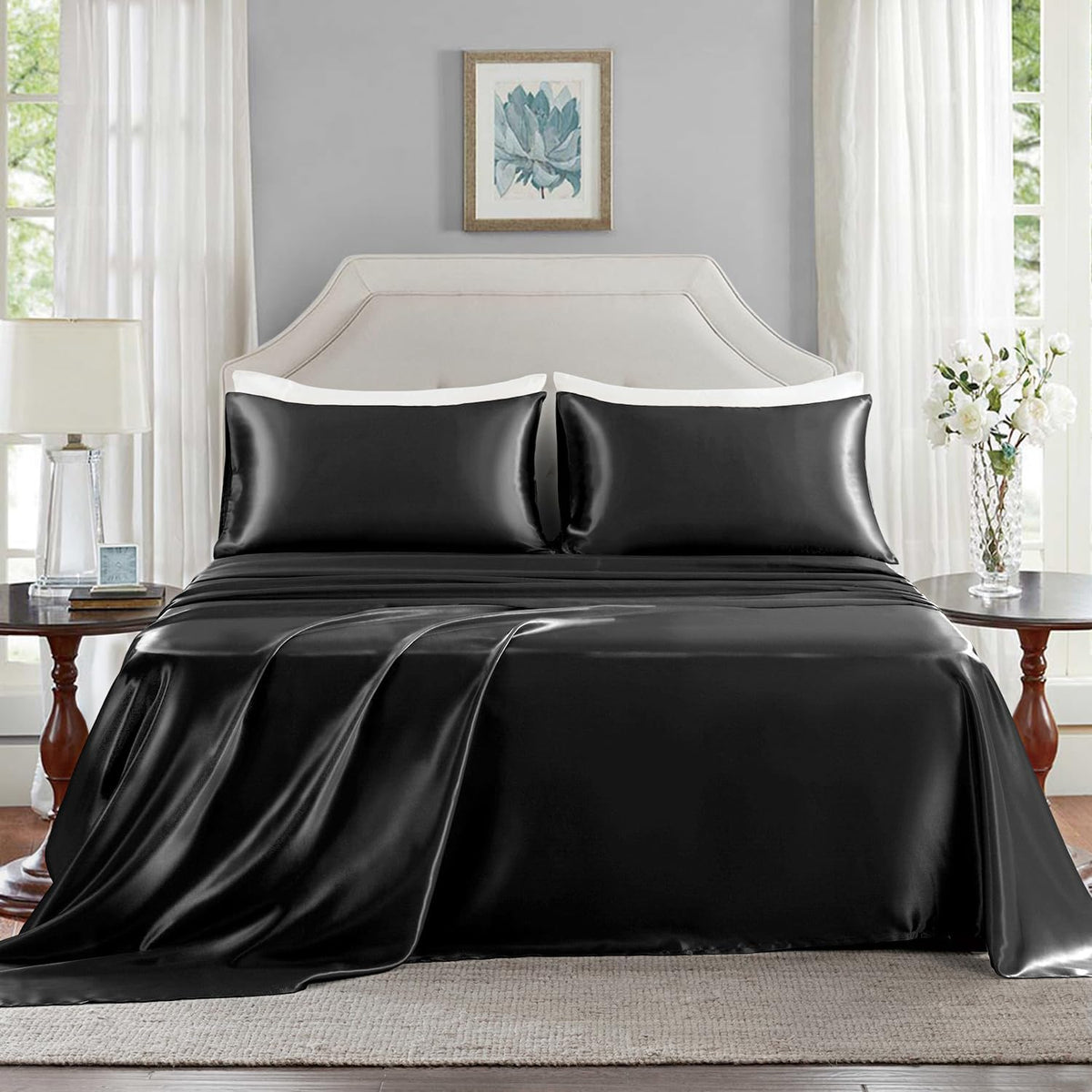 Satin Sheets Full Size - 4 Pieces Luxury Silky Soft Bed Sheets, Wrinkle-Free Black Satin Silk Sheet Set with 1 Deep Pocket Fitted Sheet, 1 Flat Sheet, 2 Pillow Cases