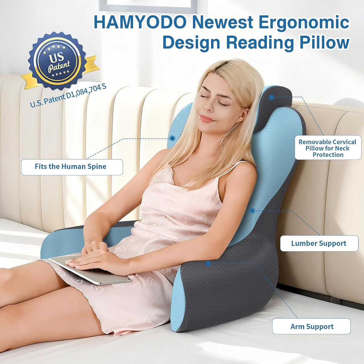 22" XL Reading Pillow Sitting in Bed,Back Support & Armrests(Blue & Dark)